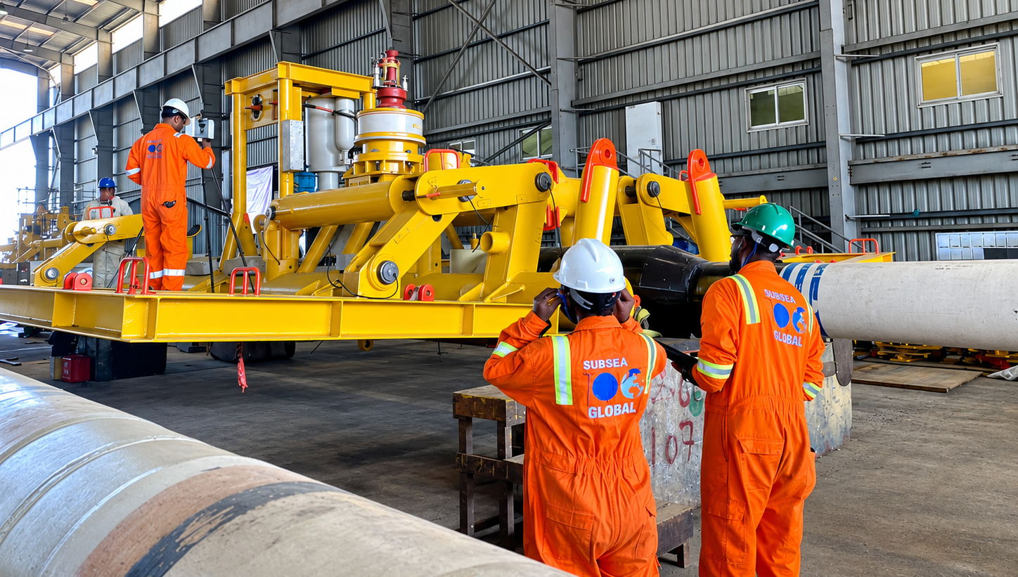 Subsea100 crew checking a pipelay structure against survey data in the fabrication yard